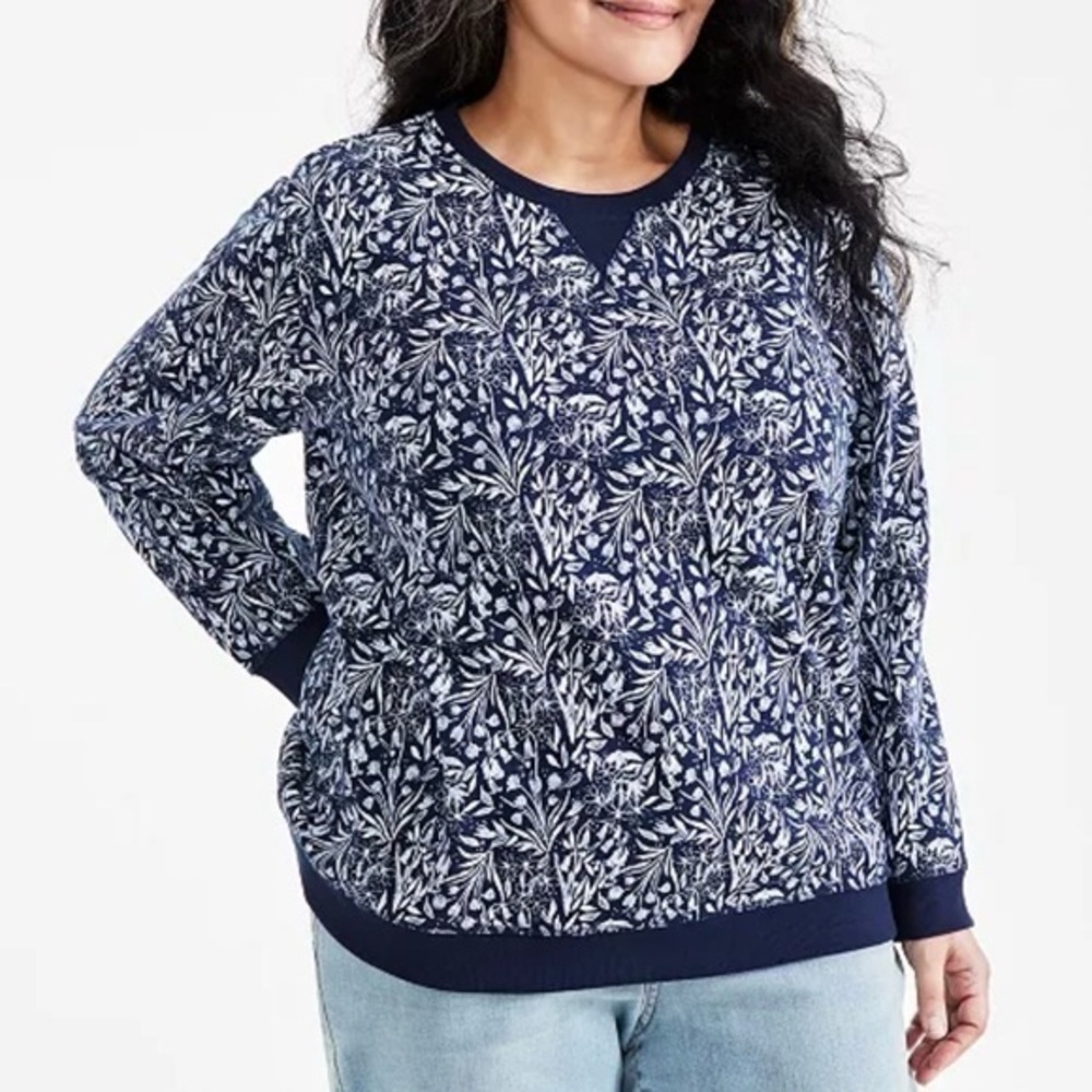 NWT Style & Co Plus Size Printed Crewneck Long-Sleeve Sweatshirt 3X Blue/White